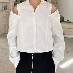 Saks Fifth Avenue White Long-Sleeve Cold-Shoulder Shirt Large